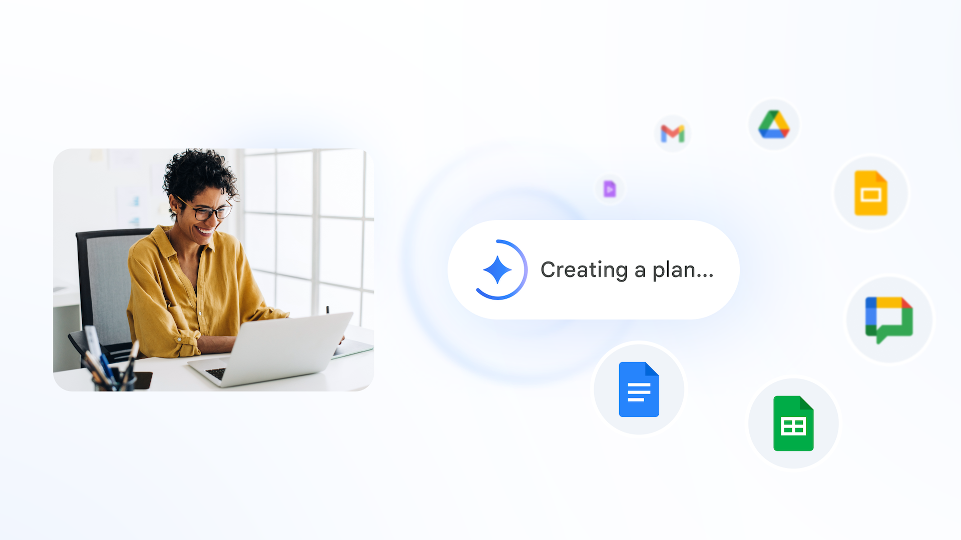 Woman seated at a desk using a laptop with a white rounded panel reading Creating a plan and floating app icons around in the background