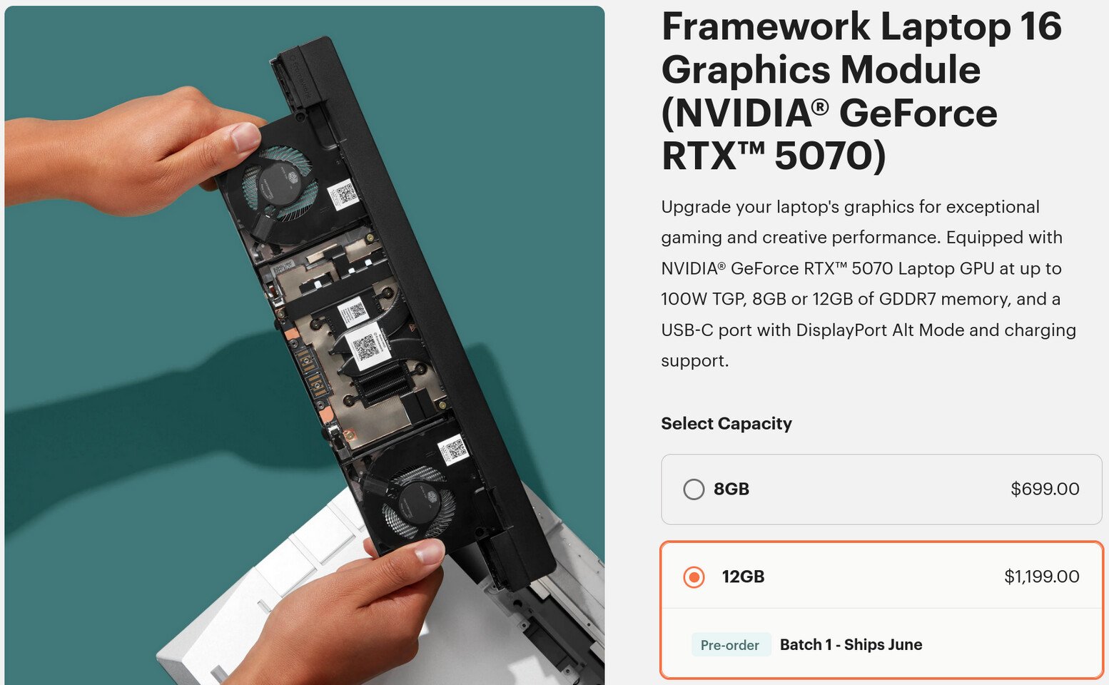 Framework Laptop 16 получил модуль RTX 5070 12 ГБ за $1 199