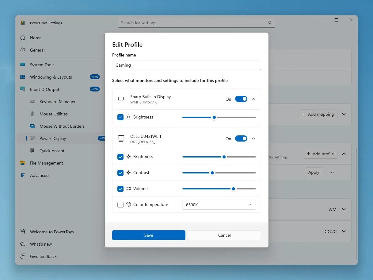Edit Profile dialog over Windows Settings showing per monitor toggles and sliders for brightness contrast and volume Profile Gaming