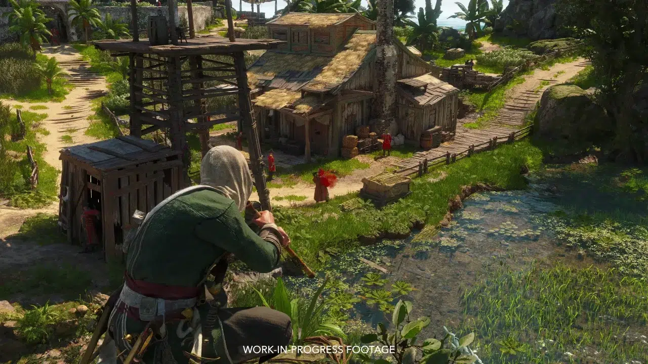 Hooded figure crouches on a ledge overlooking a rustic village with wooden huts beside a greensward and a pond filled with aquatic plants