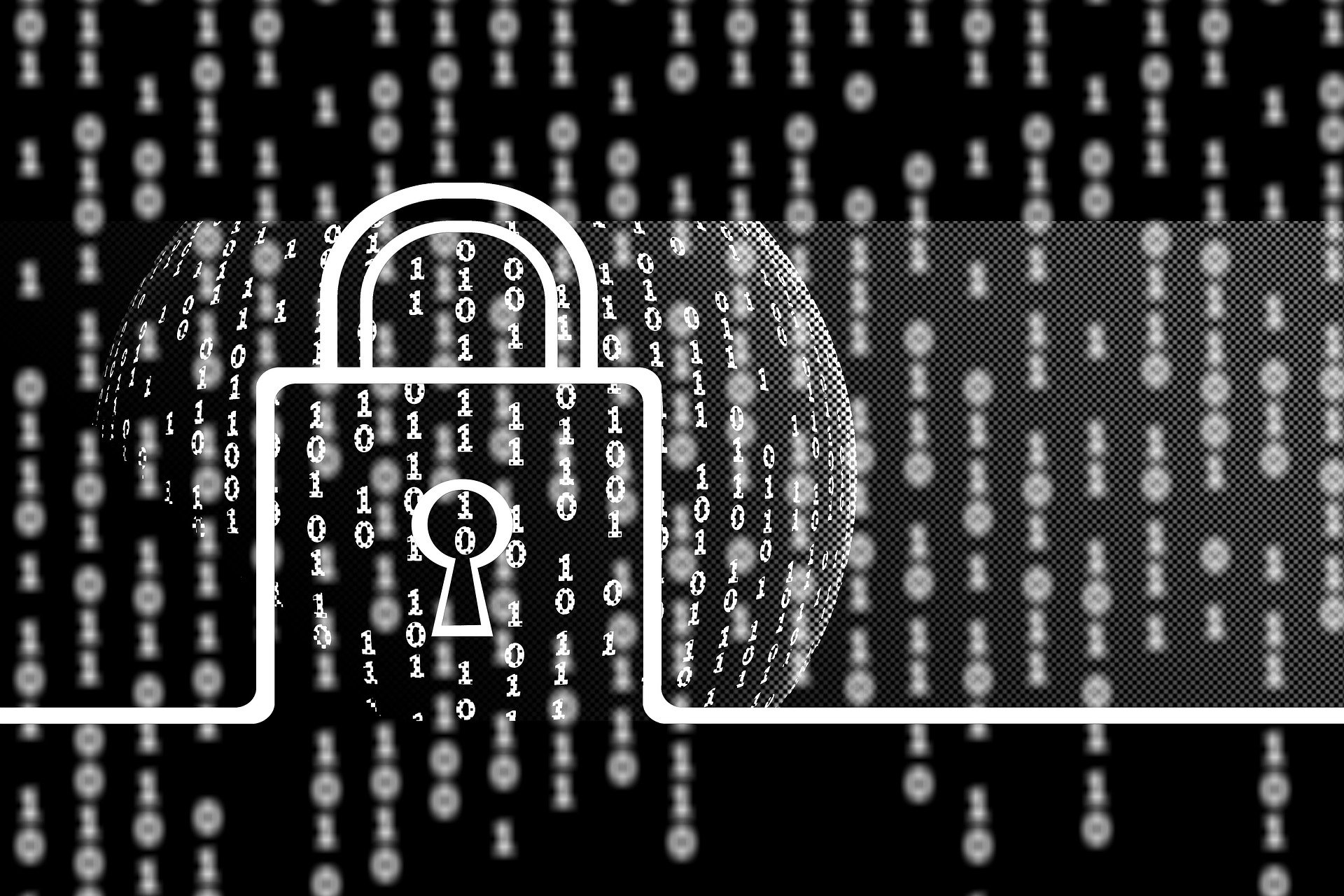 White padlock overlay on a dotted globe made of binary code symbolizing digital security