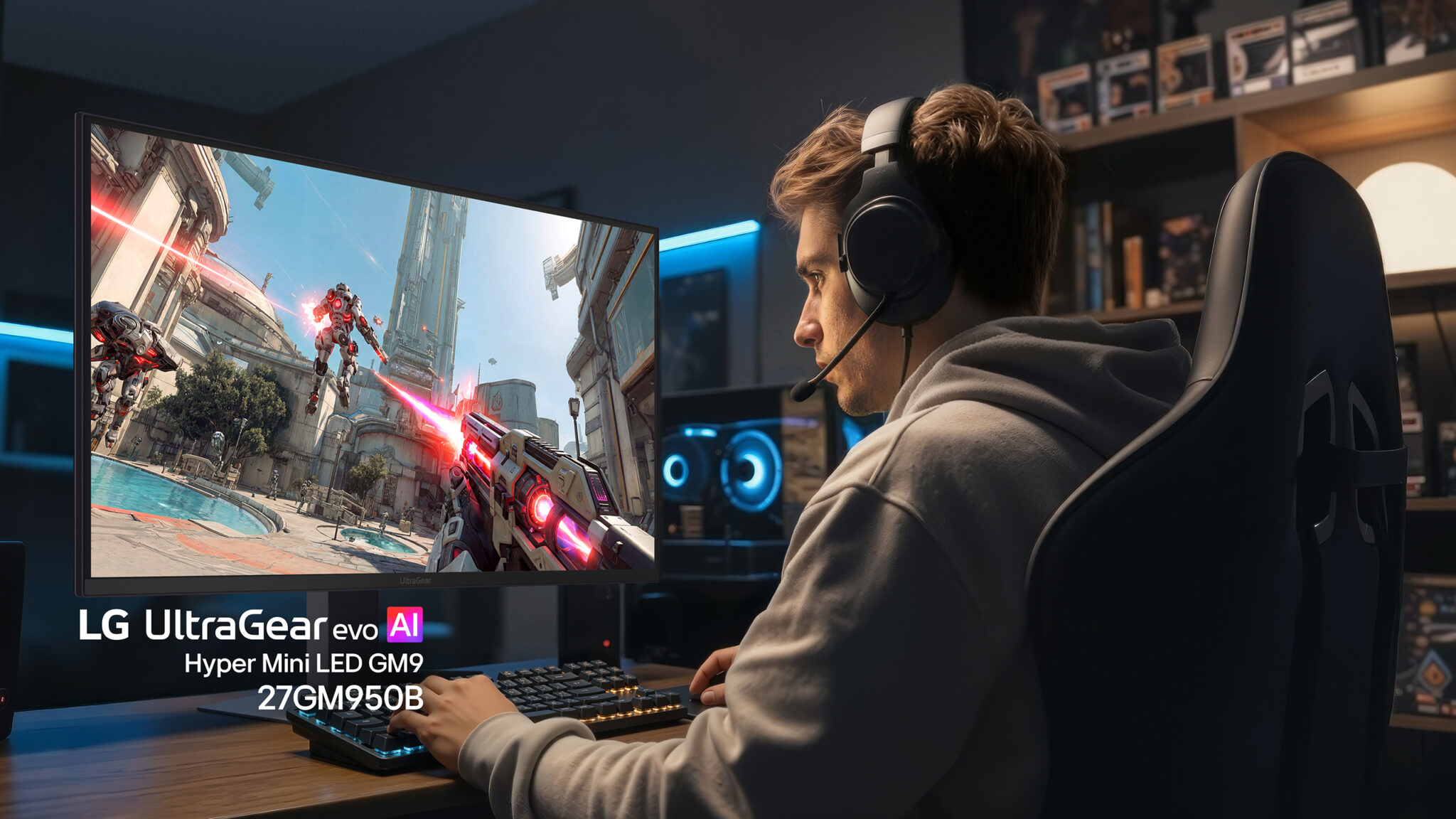 Gamer with headset playing a futuristic shooter on an LG UltraGear monitor battling red laserarmed robots in a cityscape