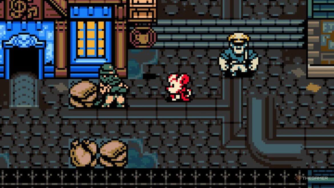 Pixel art street scene a small red character stands on a sidewalk while two soldiers loom nearby against a dark stone walled urban backdrop with blue storefronts and pipes
