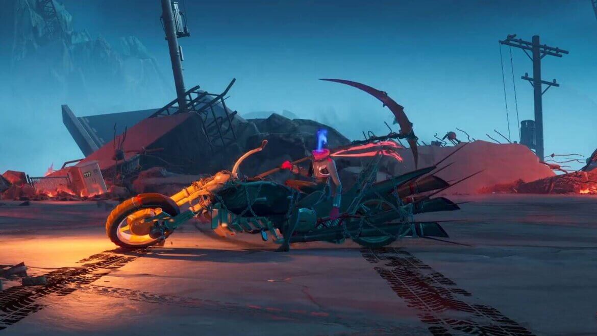 Post apocalyptic scene with a crashed motorcycle amid rubble and twisted debris on a desert like landscape at dusk Visible tracks in the sand suggest a recent passage