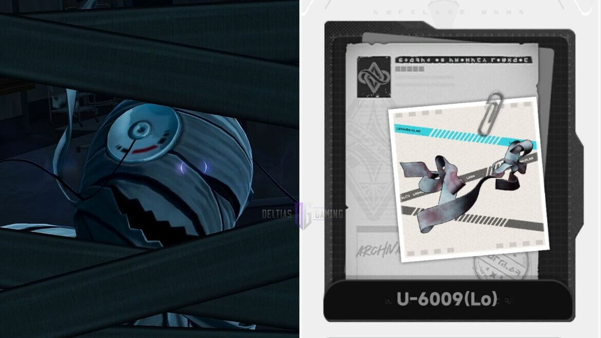 Split image showing a blue robotic looking head with a circular eye on the left on the right a framed tech document with a stamped paper labeled U 6009Lo