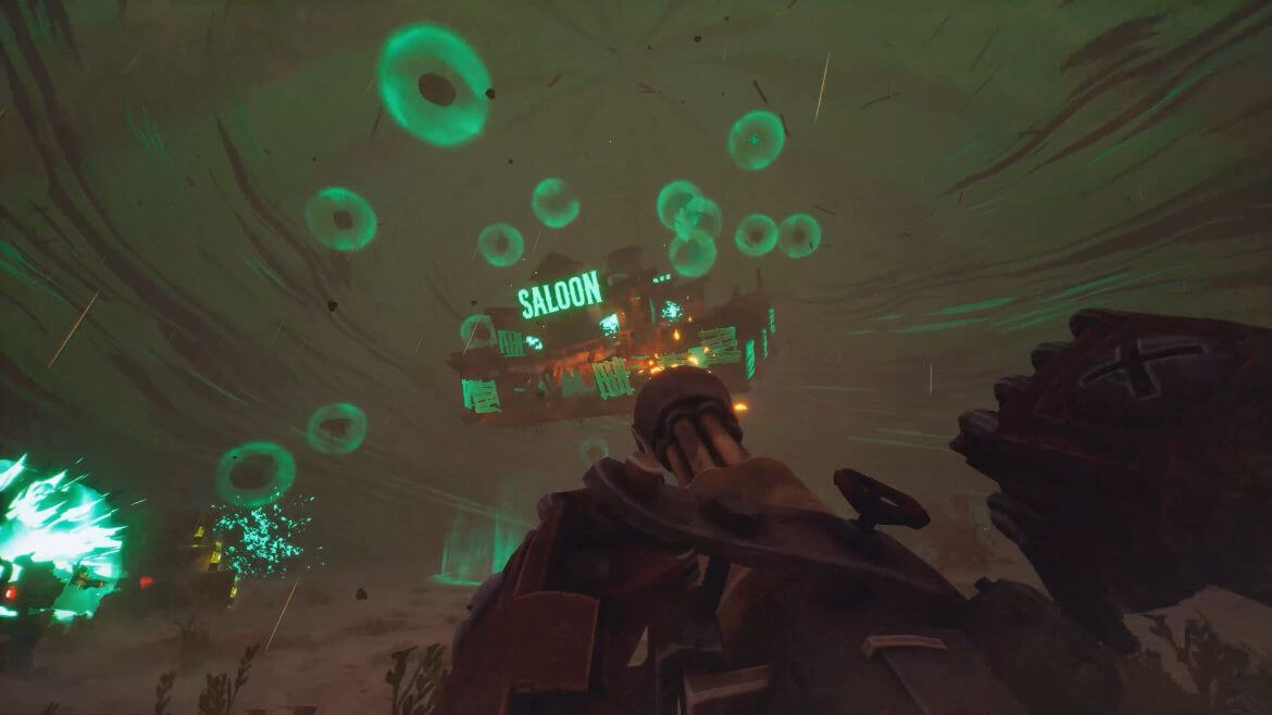First person view of a armored figure looking up at a glowing neon green saloon surrounded by floating green energy rings amid a chaotic scene