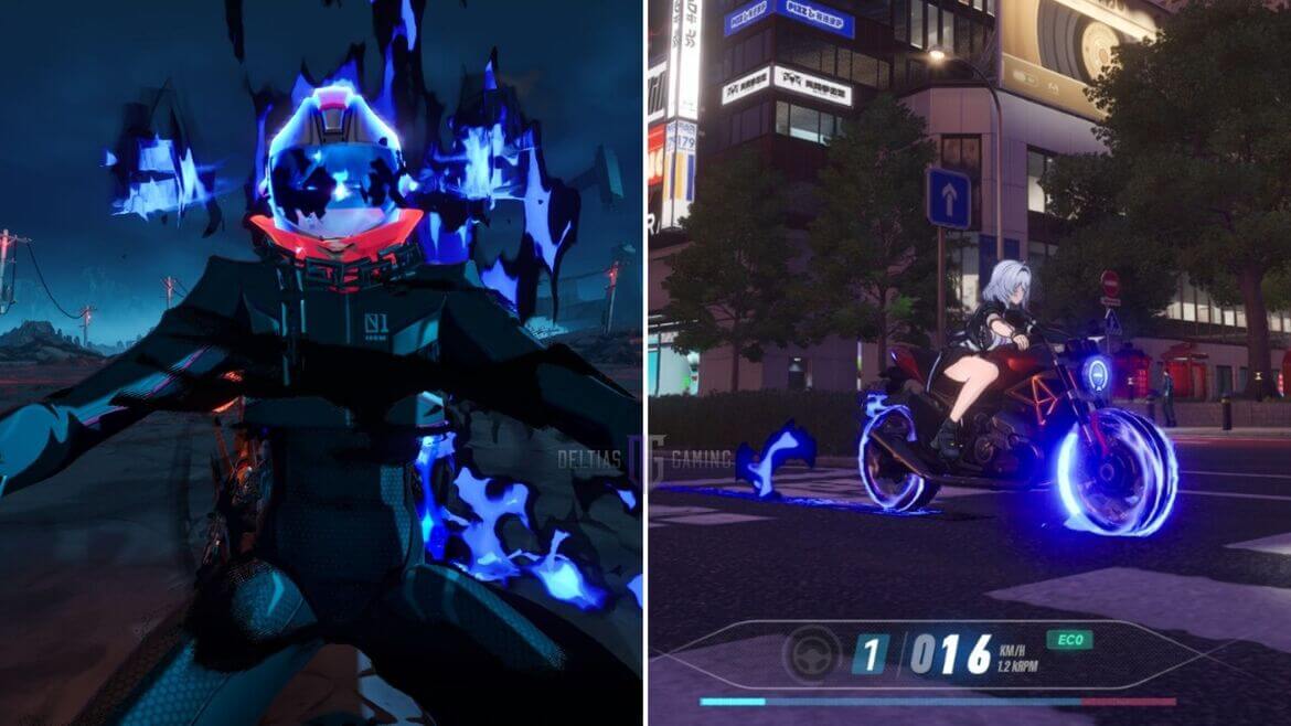 Split screen gameplay left a neon blue armored fighter surrounded by blue flames right a rider on a glowing blue motorcycle in a city at night