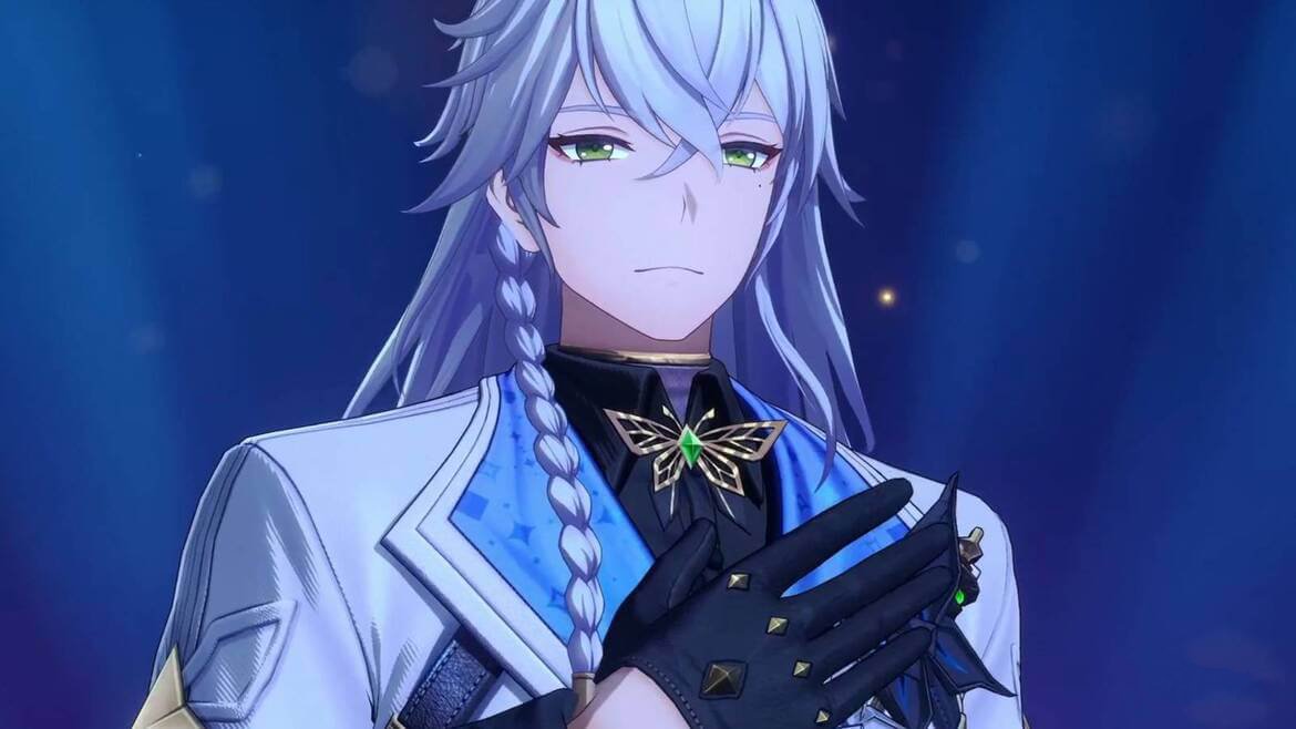 Anime character with silver hair and green eyes in a white suit with blue accents hands clasped at chest in gloves