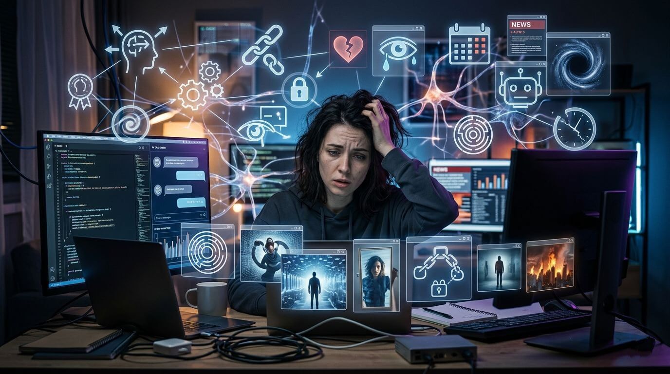Stressed woman sits at a desk with multiple monitors and glowing holographic icons around her representing tech and cybersecurity overload