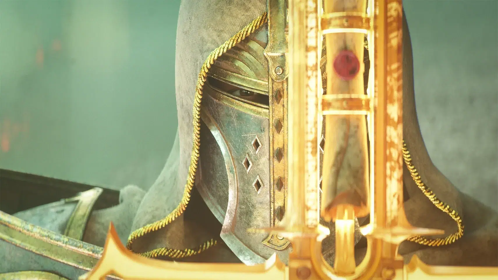 Close up of a medieval knights helmet with green patina and gold trim partially obscured by a gold ceremonial weapon