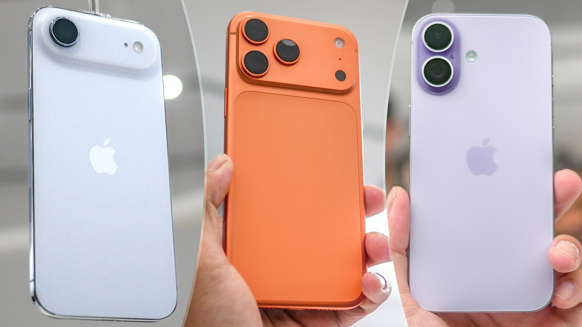 Back view of three iPhones held by hands in blue orange and lavender colors showcasing the triple camera orange model in center