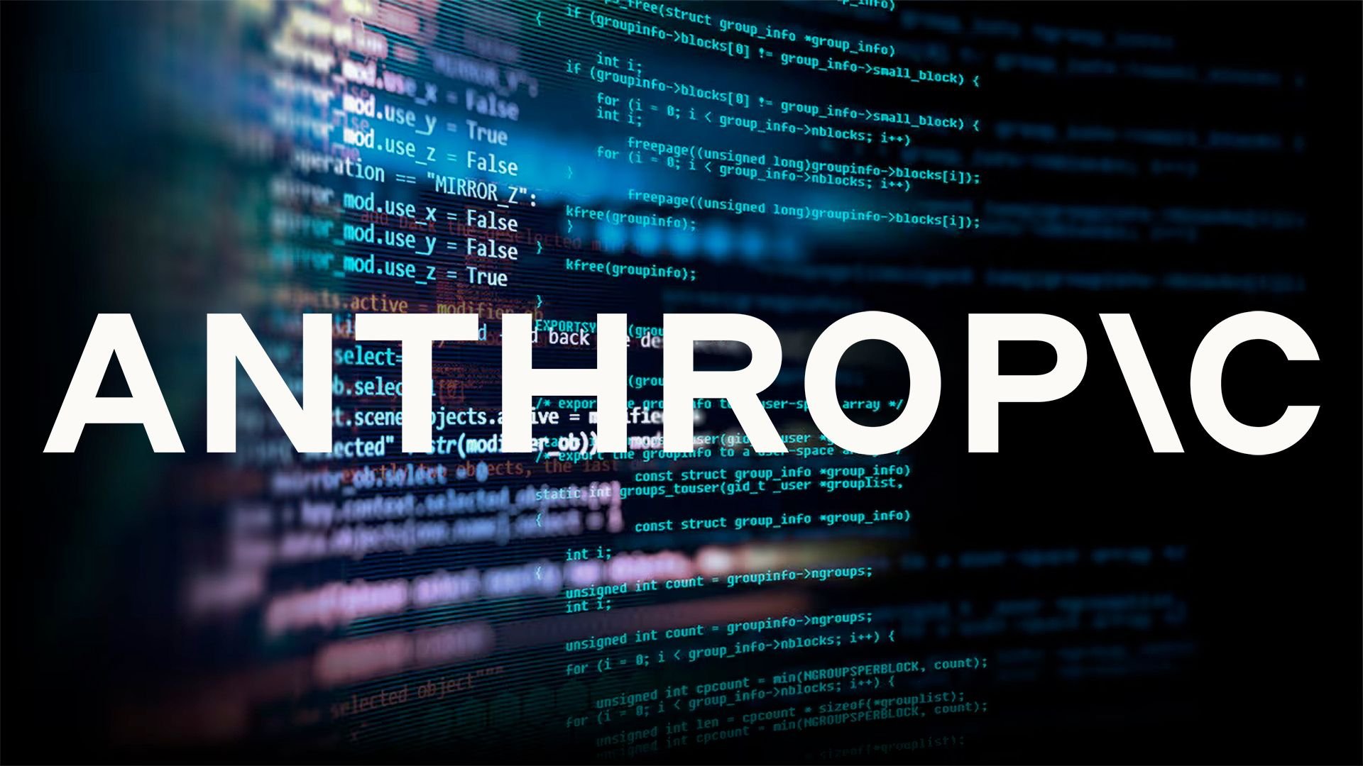 Bold white text ANTHROPC across a blue code filled background like a tech banner highlight