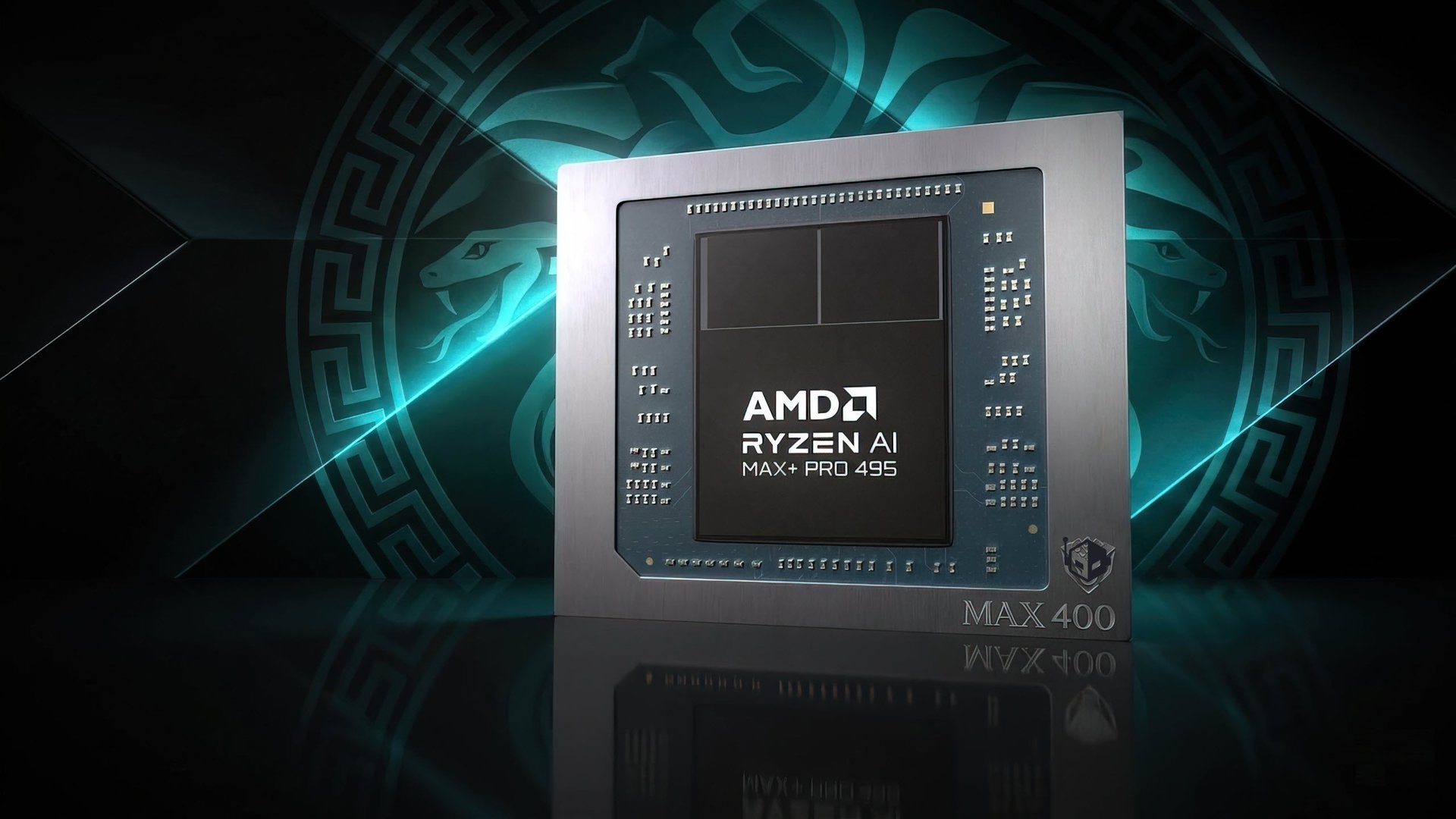 AMD Ryzen AI MAX+ Pro 495 processor on a metallic square heatsink with teal circular pattern in the background