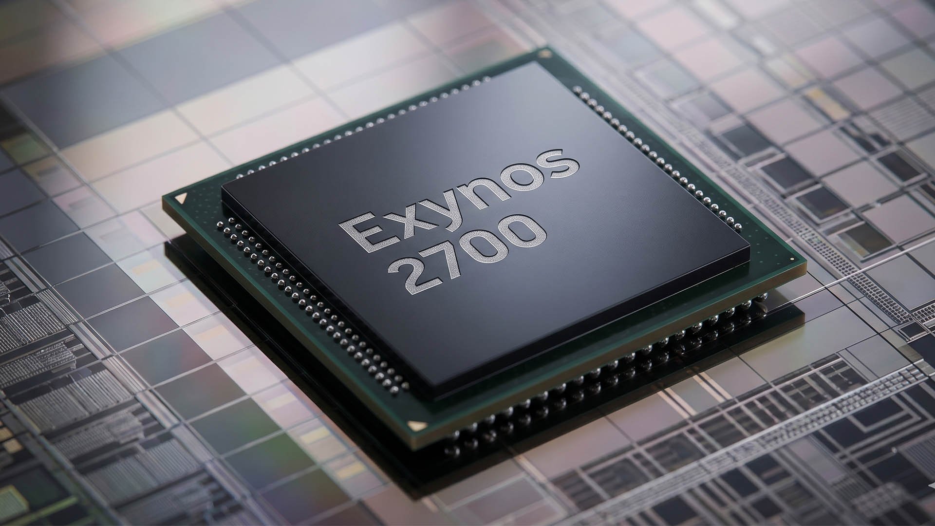 Close up of a black Exynos 2700 processor chip mounted on a green circuit board