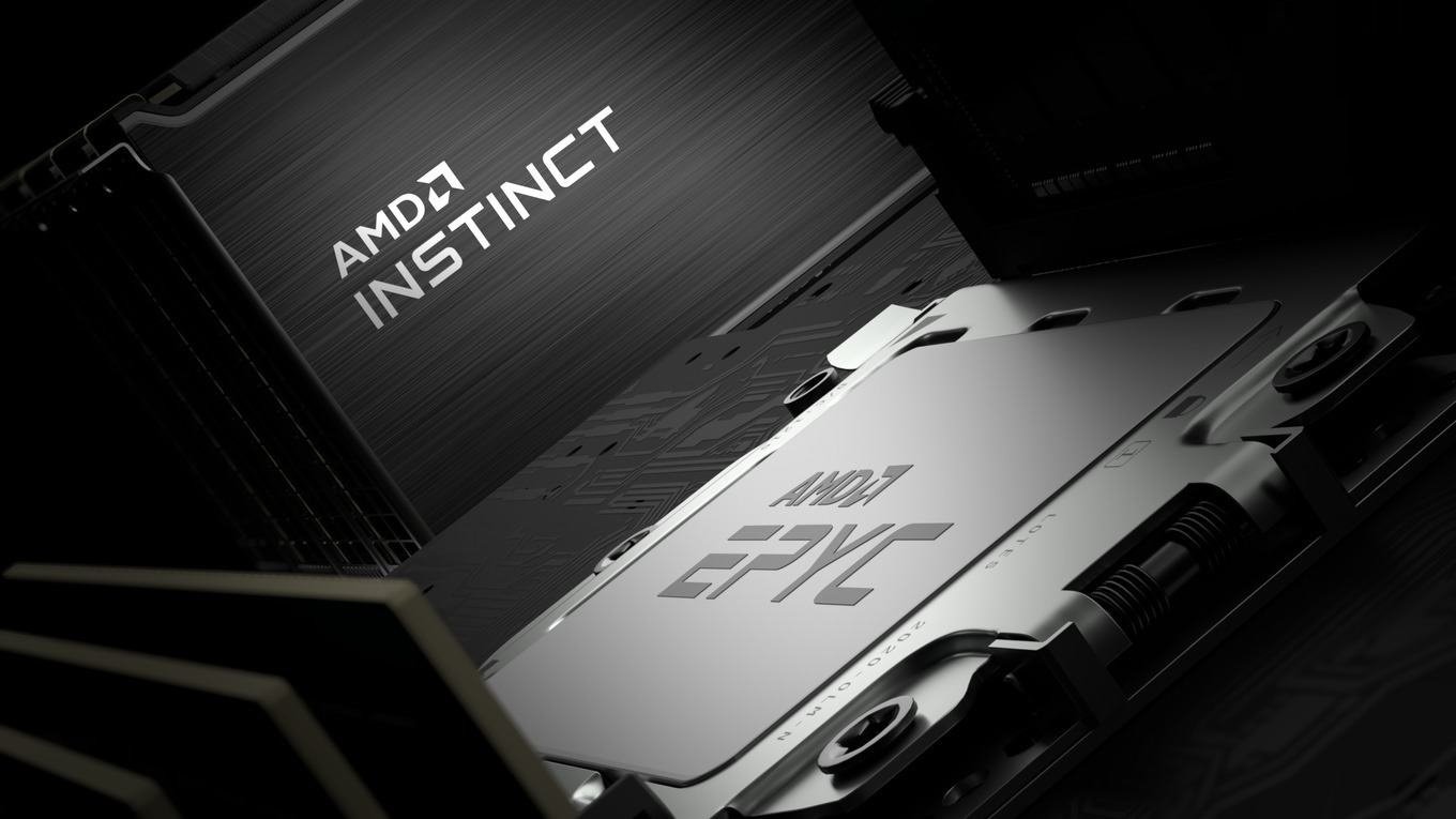 Close up of AMD Instinct GPU accelerator hardware with metallic cooling and branding visible