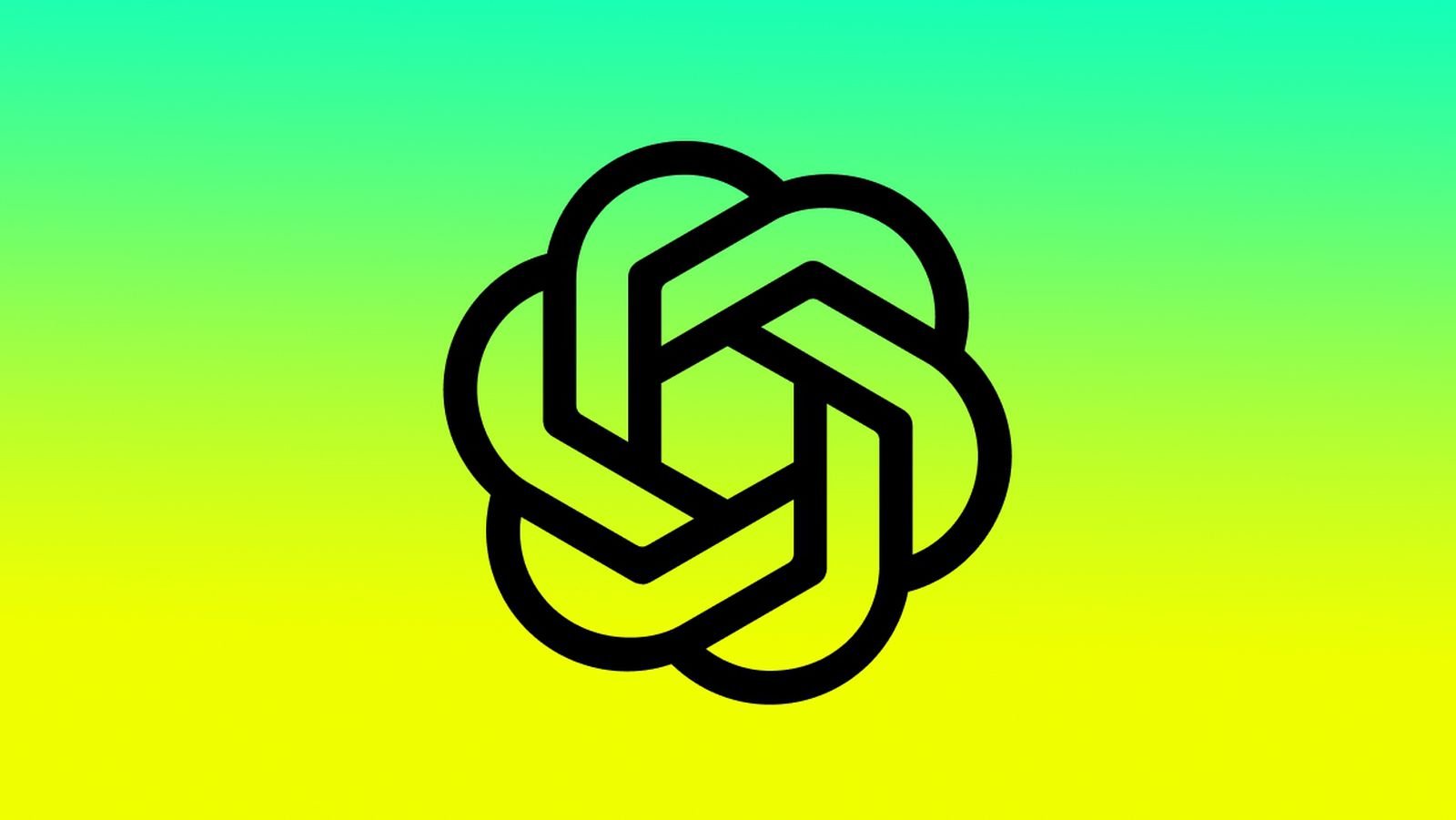 Interlocking black geometric knot logo on a cyan to yellow gradient background