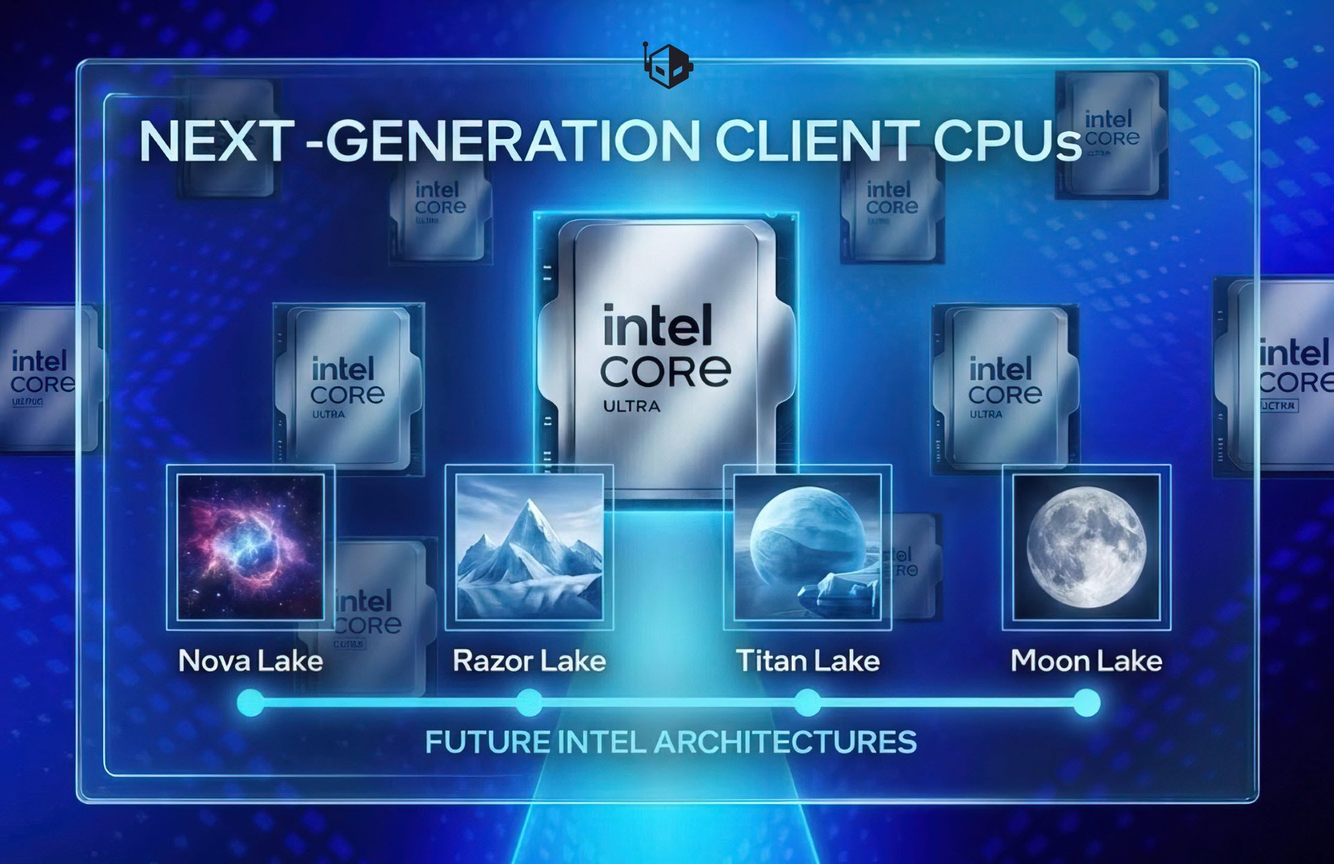 Next generation Intel CPU showcase with future architectures Nova Lake Razor Lake Titan Lake Moon Lake on a blue digital board