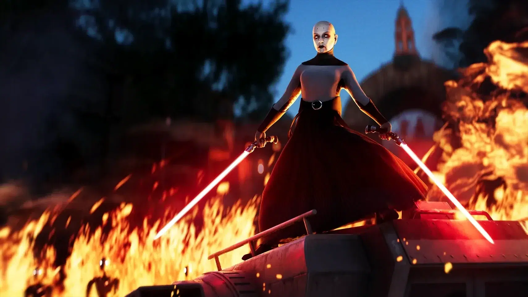 A bald pale faced warrior with two red lightsabers stands atop a burning vehicle amid blazing flames and smoke at duskdawn