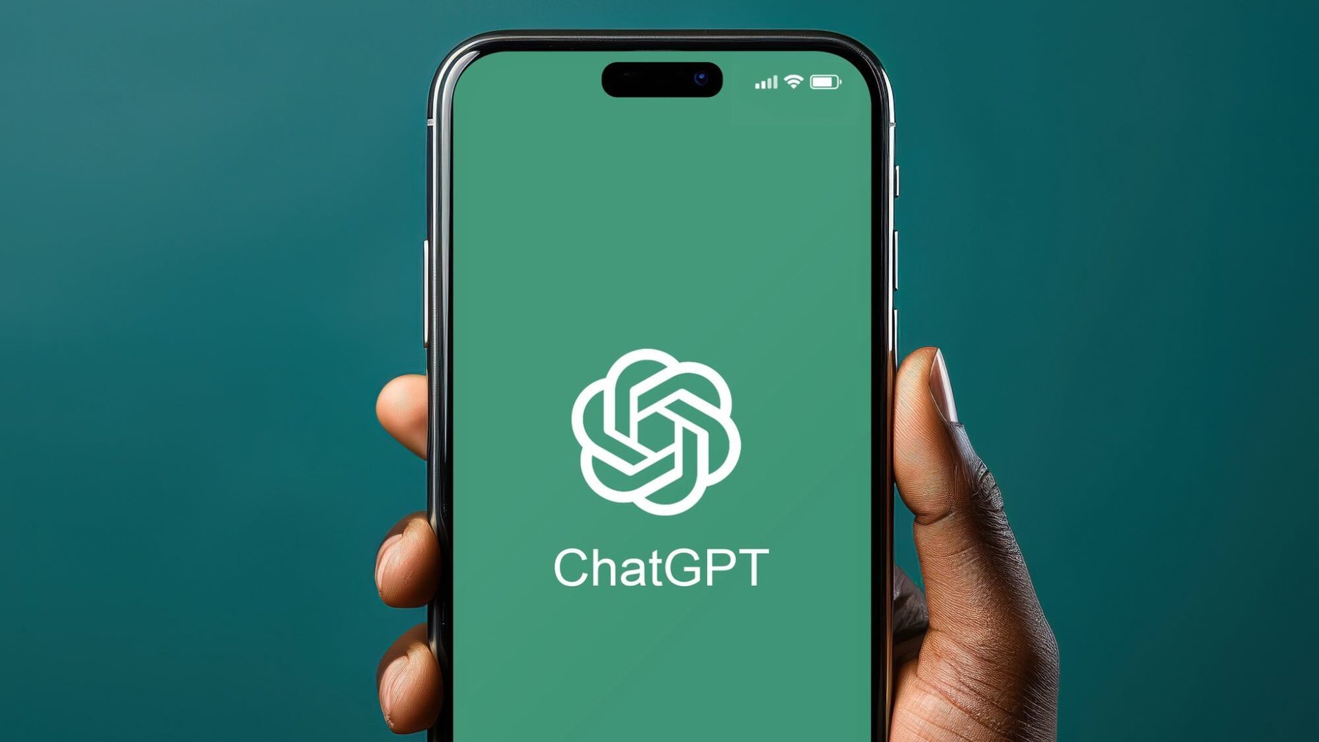 Hand holding a smartphone displaying the ChatGPT logo on a green screen background