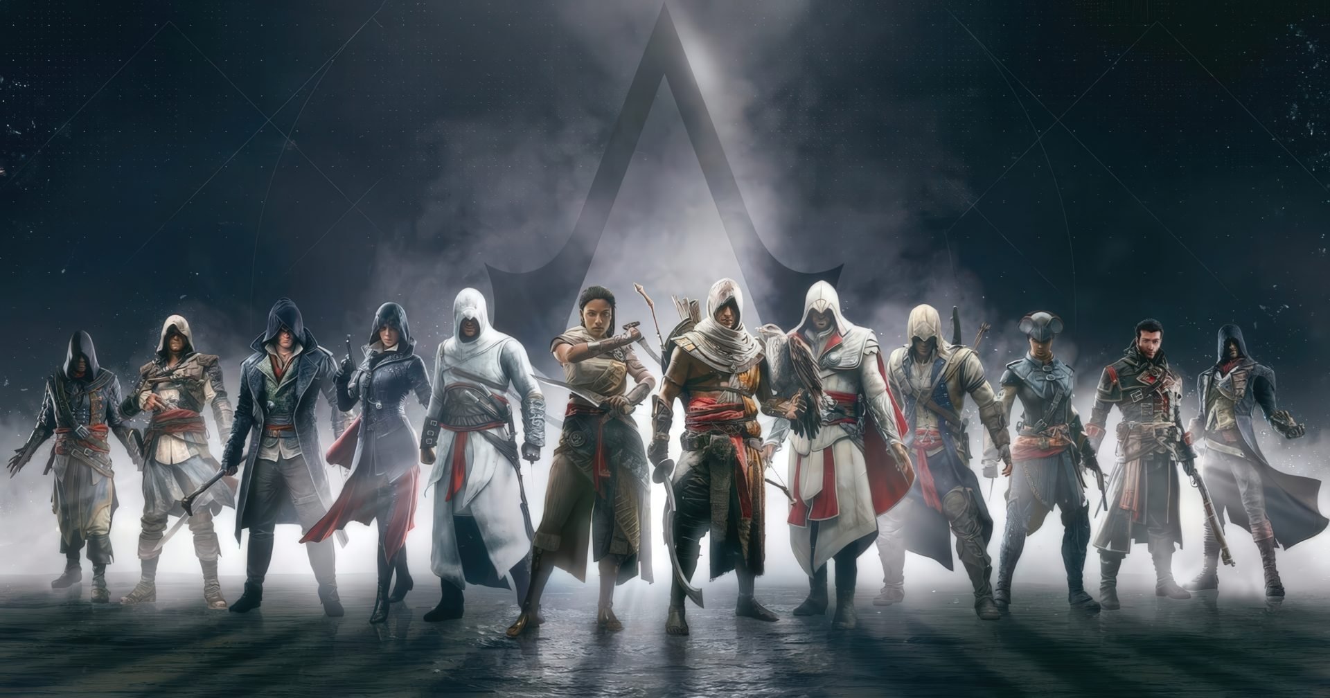 Line of hooded assassins in battle gear standing in fog with a large Assassins Creed emblem glowing behind them