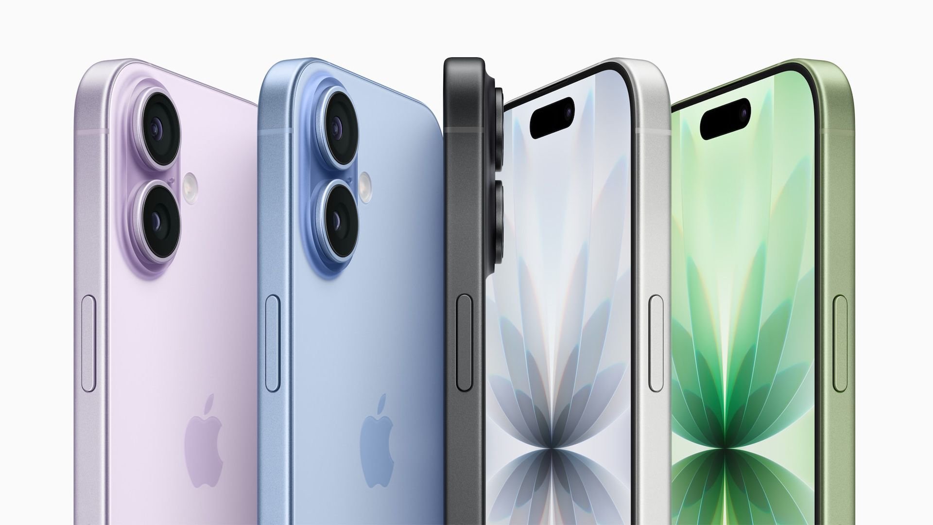 Five iPhones in pastel colors lined up showing back panels camera modules and Apple logos in lavender blue gray white and green