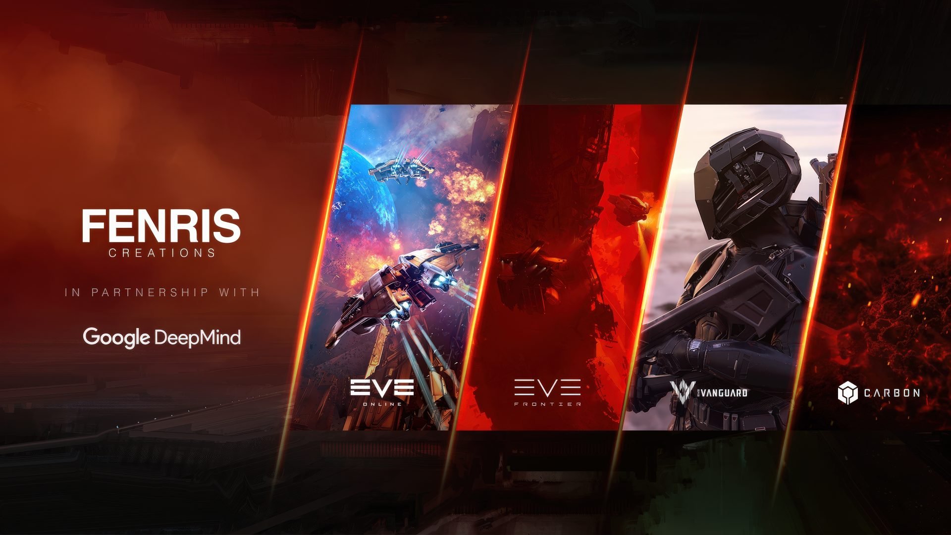 Fenris Creations branding on a dark red scifi banner showing angled panels with space battle scenes and a armored pilot logos for Google DeepMind EVE Online EVE Frontier Vanguard and Carbon appear across the bottom in partnership