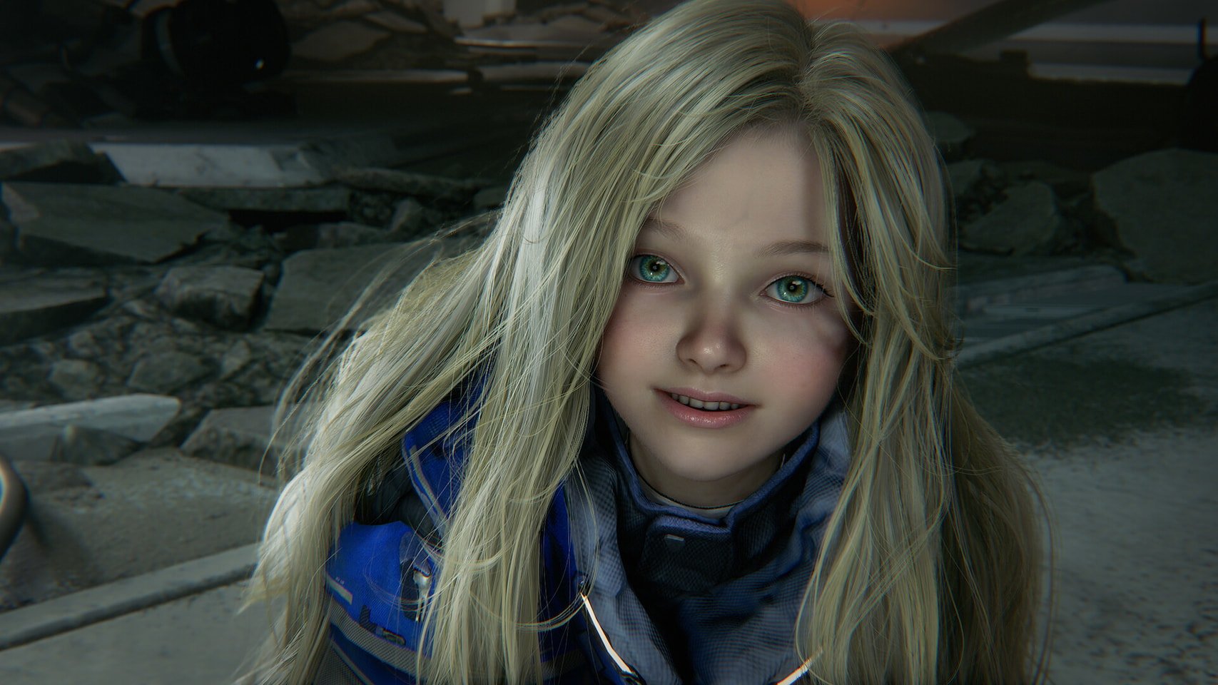 Close up portrait of a young girl with long blond hair blue eyes and a blue jacket outdoors among rocks and rubble