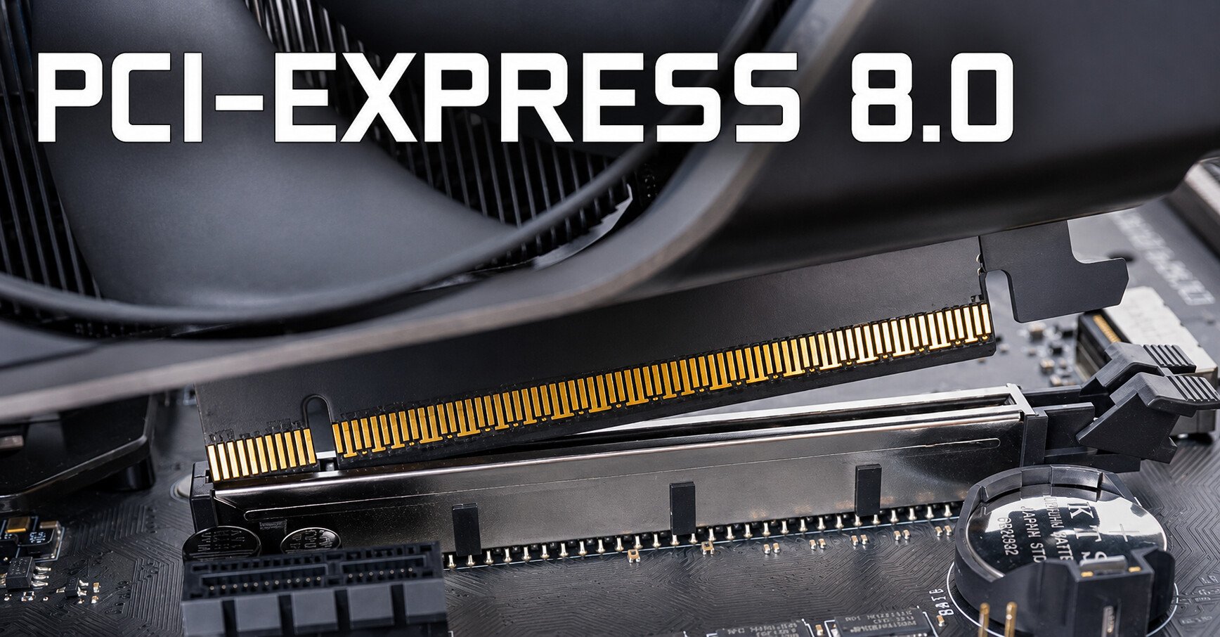 Close up of a PCIe edge connector on a motherboard with a cooling fan above labeled PCI Express 80 in bold text