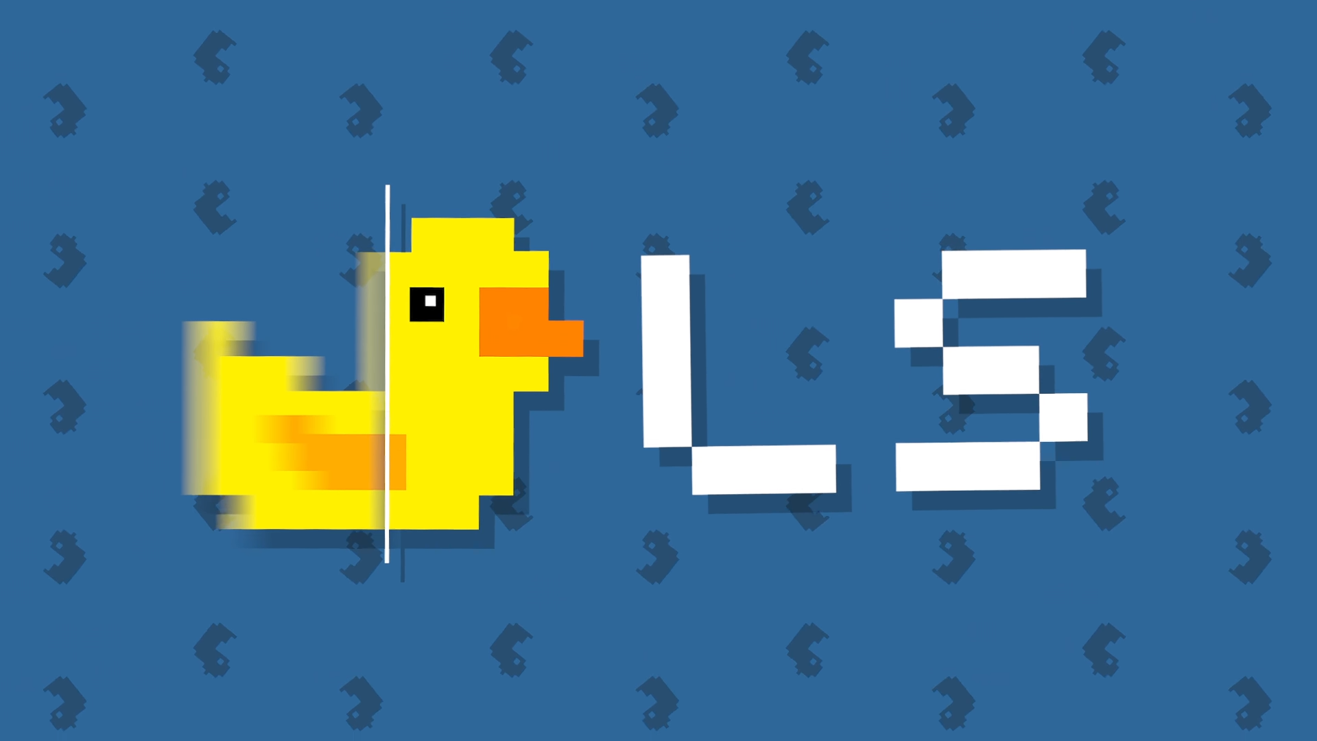 Pixel art yellow duck on a blue background with an orange beak a white vertical line and chunky white letters to the right