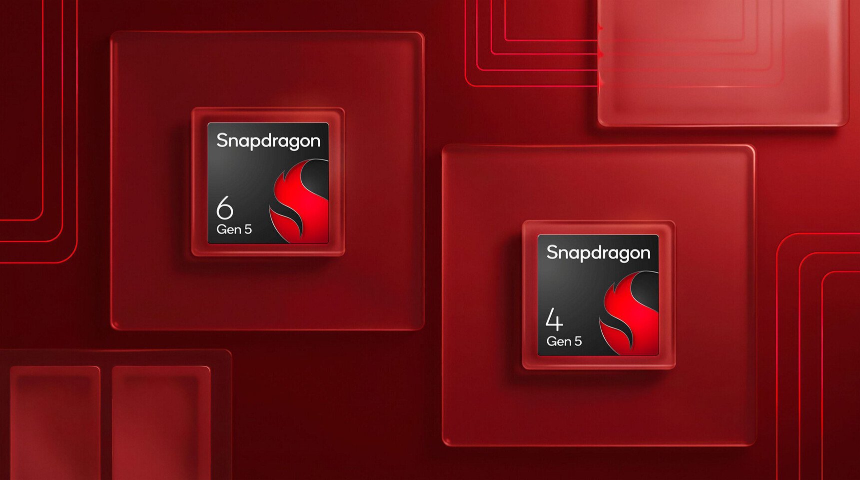 Two Snapdragon 6 Gen 5 and Snapdragon 4 Gen 5 processors shown on glossy red tiles in a red geometric background promotional image