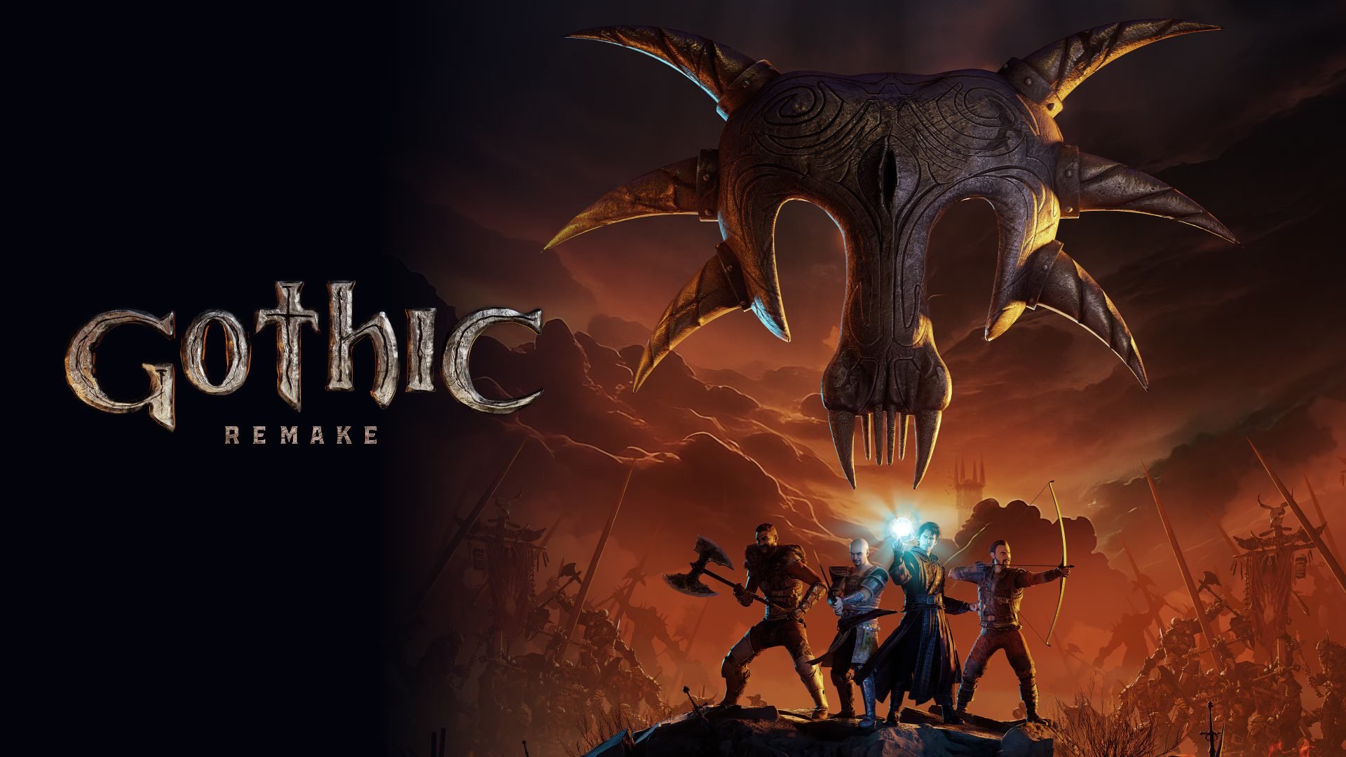 Promotional cover for Gothic Remake a large ornate skull with horns dominates a fiery battlefield and a group of warriors stands below on the left side where the Gothic logo is shown