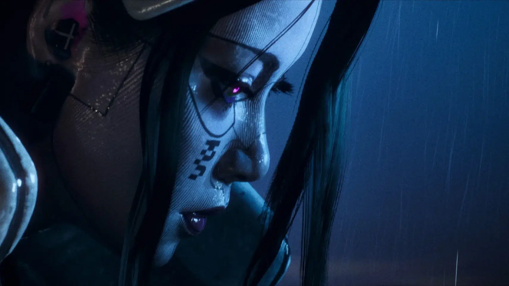 Close up of a person with blue makeup geometric facial markings and purple lipstick in neon blue light amid rain