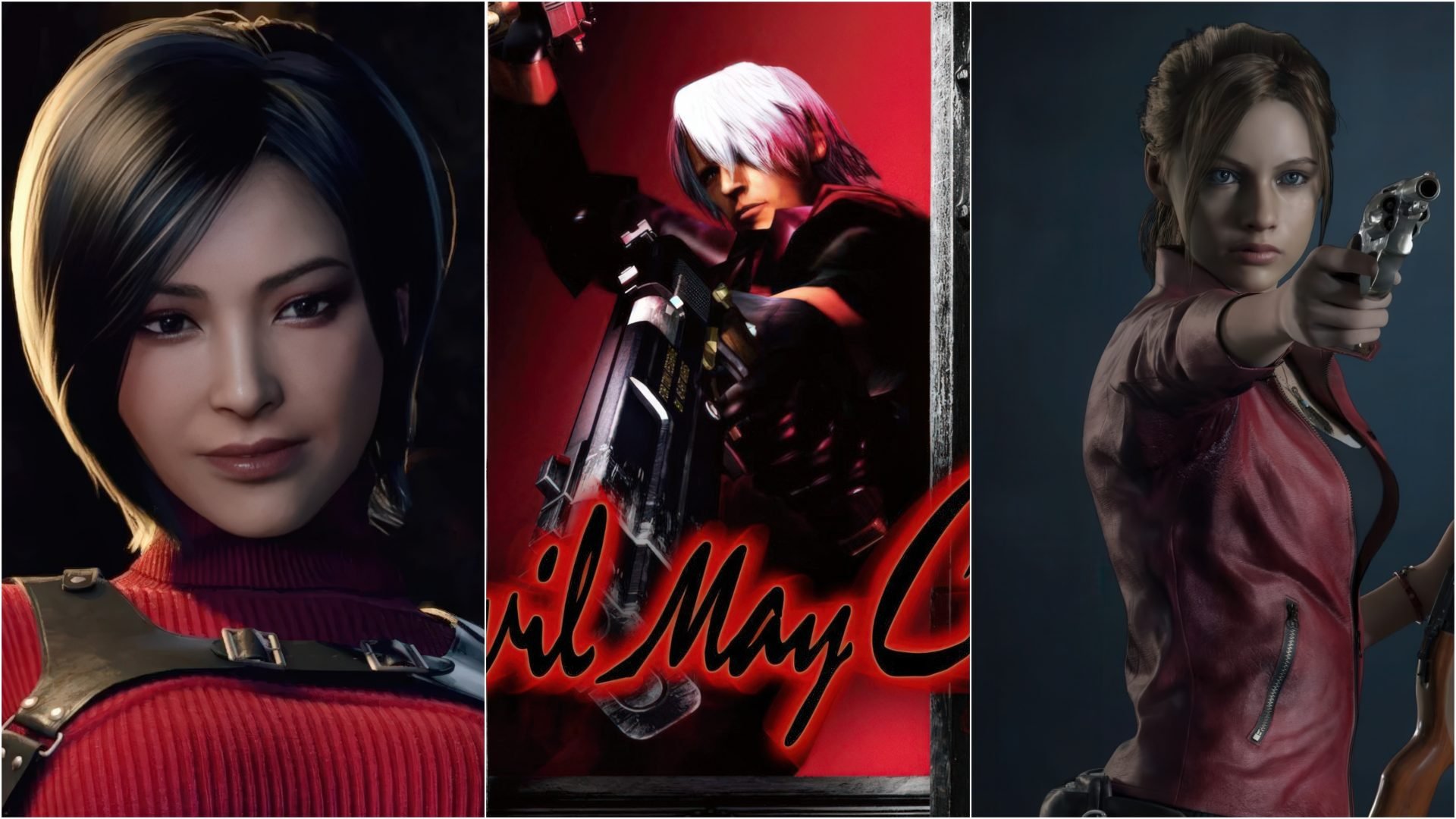 Three panel collage of female action characters left close up in red sweater middle with a large rifle under red light right woman in red jacket aiming a handgun