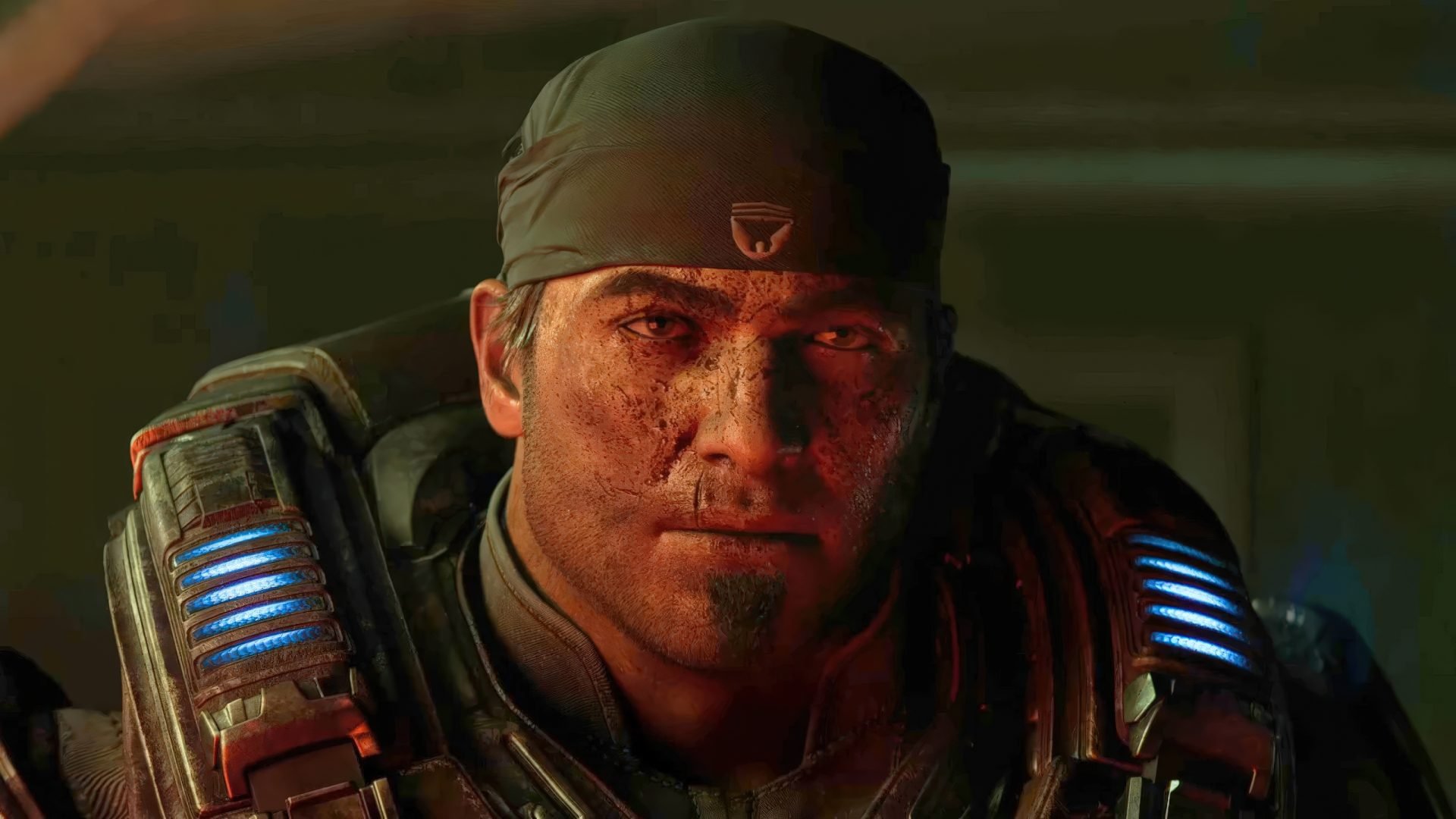 Close up of a battle worn soldier with a blood splattered face and a tactical suit blue lit armor tubes glowing at the shoulders