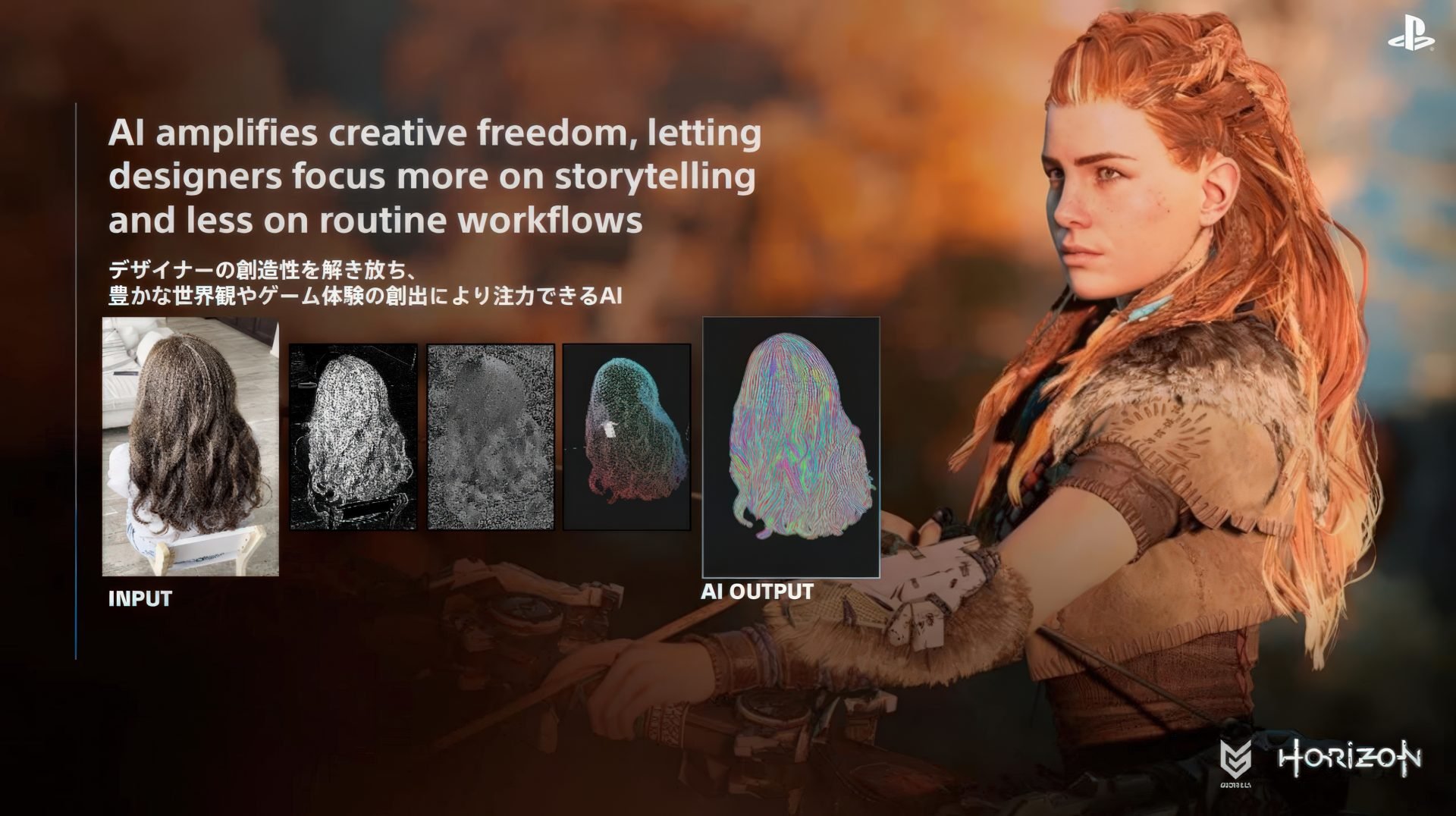 Promotional hero showing a model on the right with a row of input and AI output images on the left and bold EnglishJapanese copy about AI driven creativity