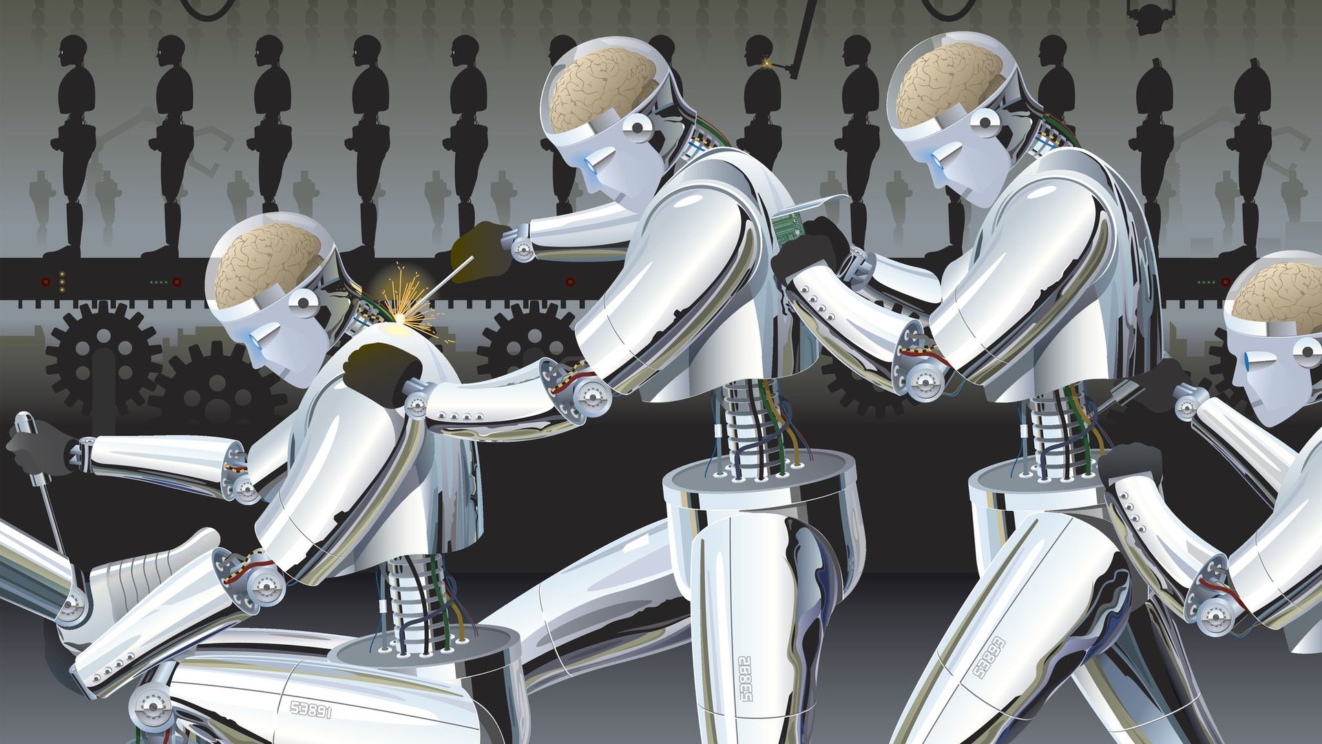 Row of silver humanoid robots on an assembly line brains exposed suggesting intelligent machines at work in a factory setting
