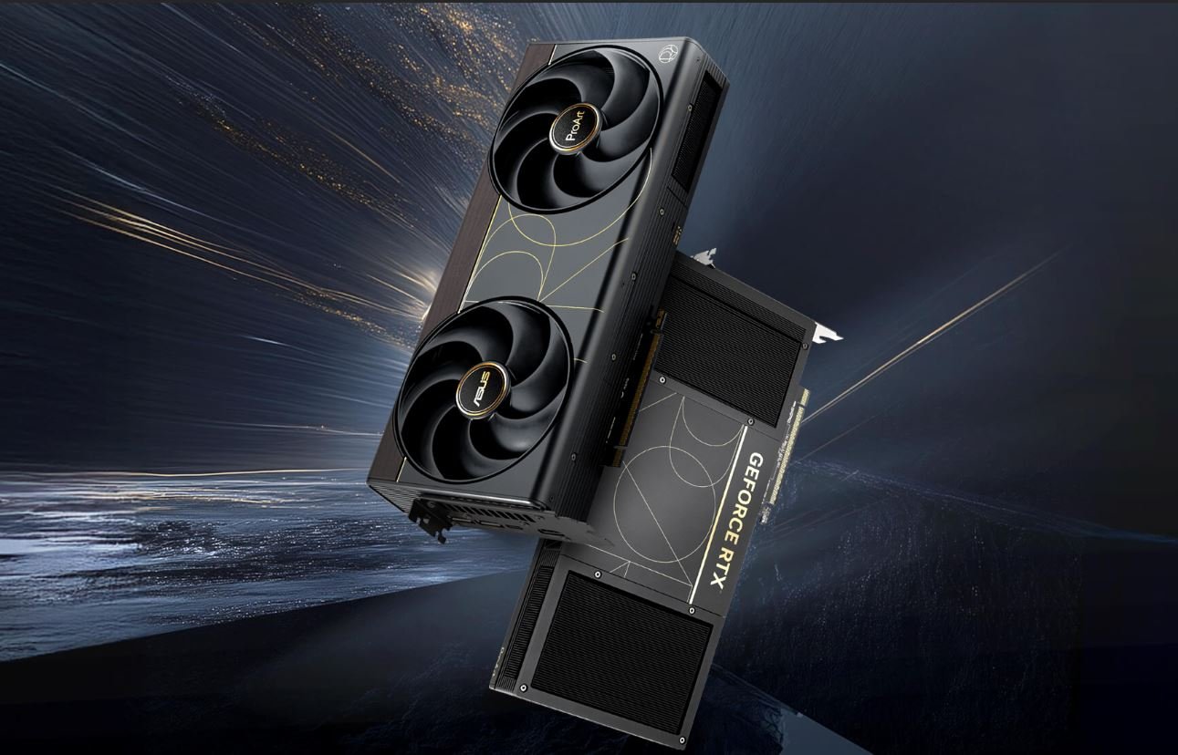 Dualfan GeForce RTX graphics card angled diagonally against a spacethemed background