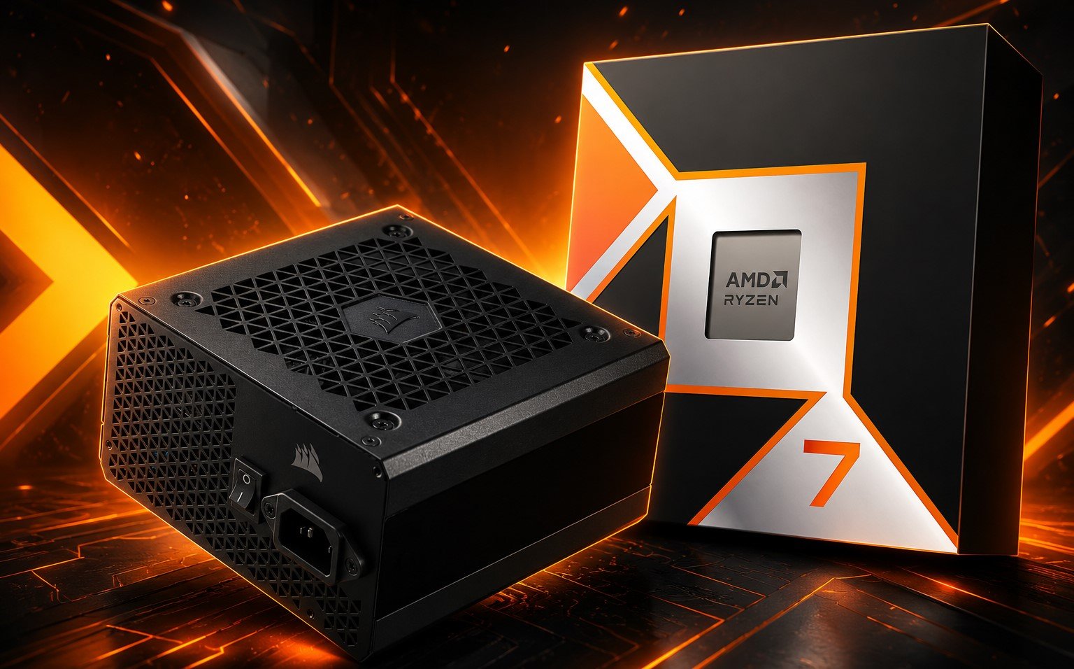 Black modular power supply unit beside an AMD Ryzen 7 processor box with bold orange accents on a fiery glowing background in a tech setting