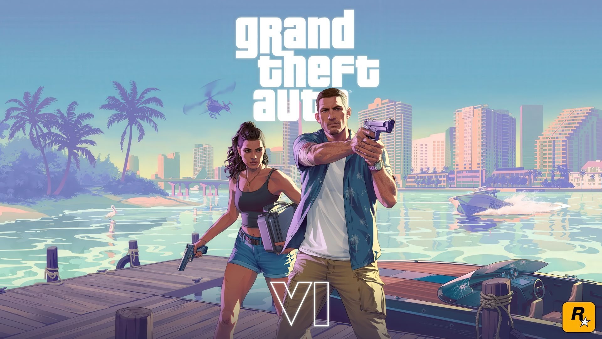 GTA style illustrated cover showing a man aiming a gun and a woman with a pistol on a dock city skyline in the background at sunsetDusk