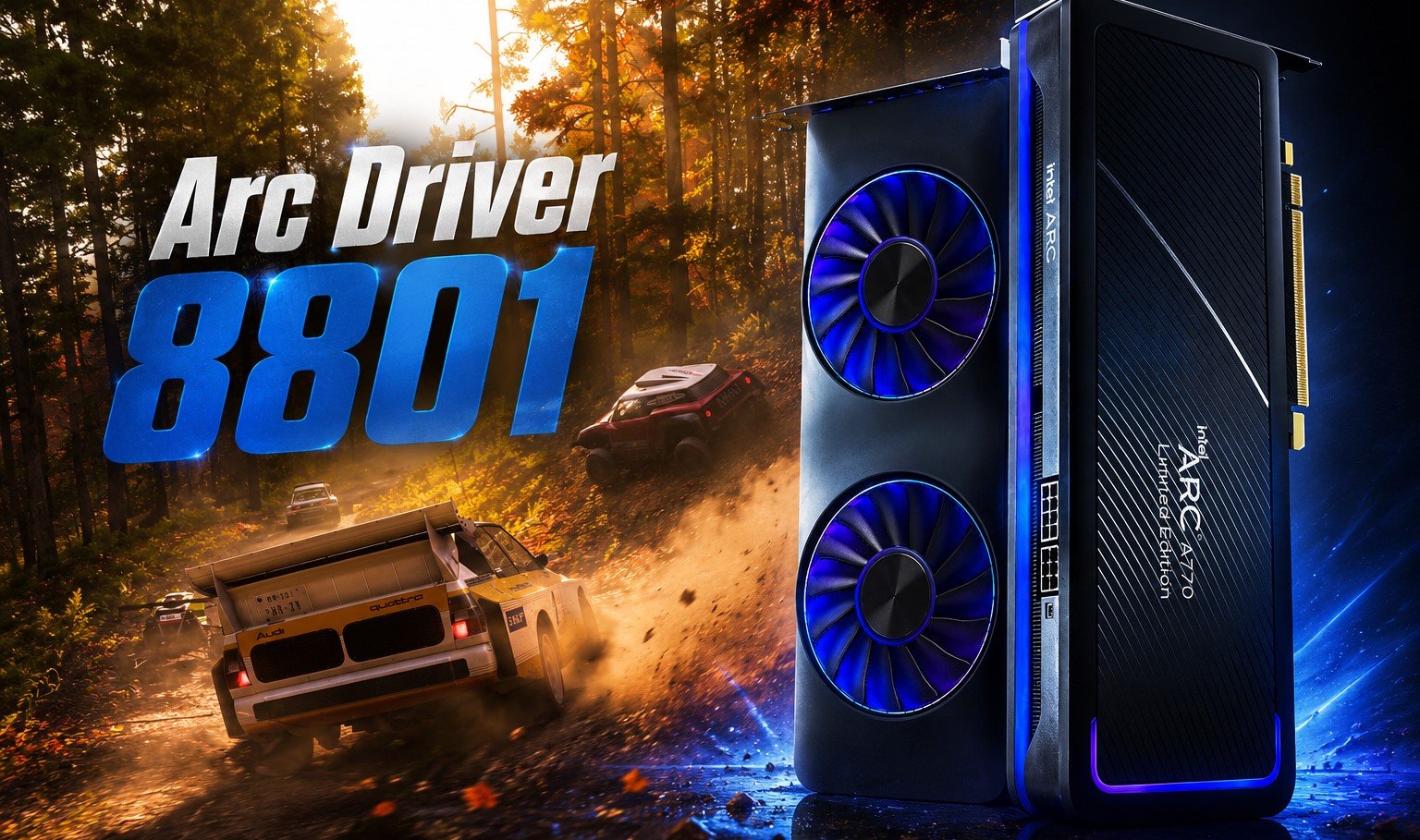 Vertical gaming graphics card with blue lit cooling fans beside a forest rally scene and bold Arc Driver 88001 text