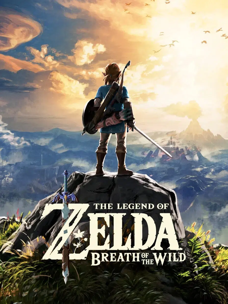 Link stands on a rocky outcrop with sword and shield overlooking a vast sunset lit landscape as the title The Legend of Zelda Breath of the Wild appears below