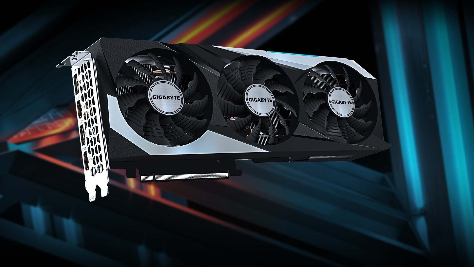 Triple fan Gigabyte graphics card floating in a dark futuristic backdrop