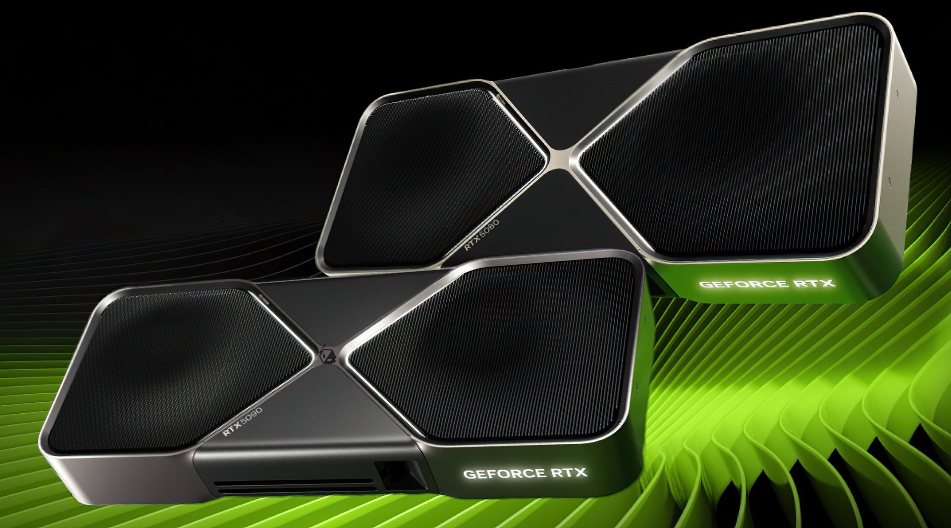 Multiple GeForce RTX graphics cards arranged diagonally on a dark background with a green ribbed wave pattern and illuminated GEFORCE RTX branding