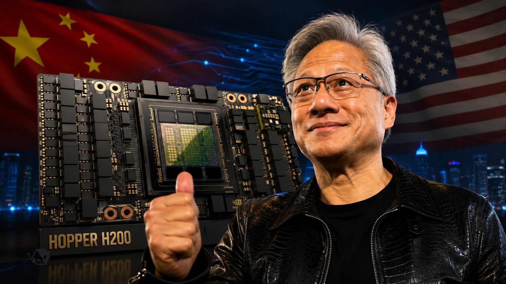 Man wearing glasses and a black leather jacket gives a thumbs up beside a large Hopper H200 GPU board with flags in the background