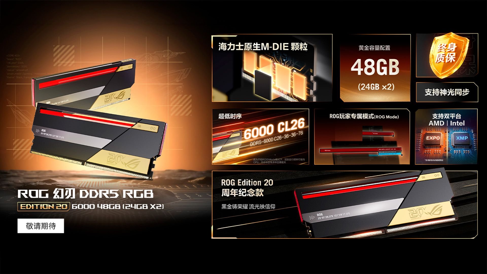 Promotional banner for ROG DDR5 RGB RAM with 600048GB 24GB×2 highlights and gold accents on blackorange background