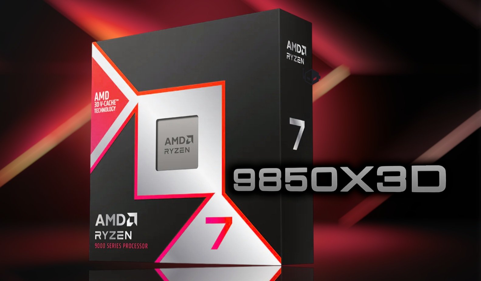 Box packaging for AMD Ryzen 7 9850X3D processor with AMD logo and bold redaccented graphics on a dark background 2 Dynamic product shot of an AMD Ryzen 7 9850X3D box featuring red white and black geometric design 3 AMD Ryzen 7 9850X3D processor box with prominent logo and reflective surface 4 Close up of the AMD Ryzen 7 9850X3D boxed CPU packaging against a dramatic red glow 5 AMD Ryzen 7 9850X3D box displayed in a stylized tech promo scene