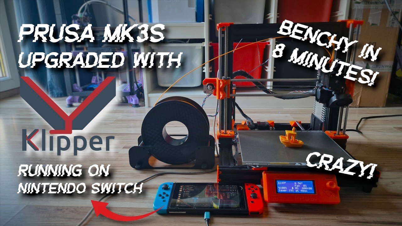 Thumbnail of a Prusa MK3S 3D printer with Klipper upgrade overlay text reads PRUSA MK3S UPGRADED WITH KLIPPER BENCHY IN 8 MINUTES RUNNING ON NINTENDO SWITCH and CRAZY