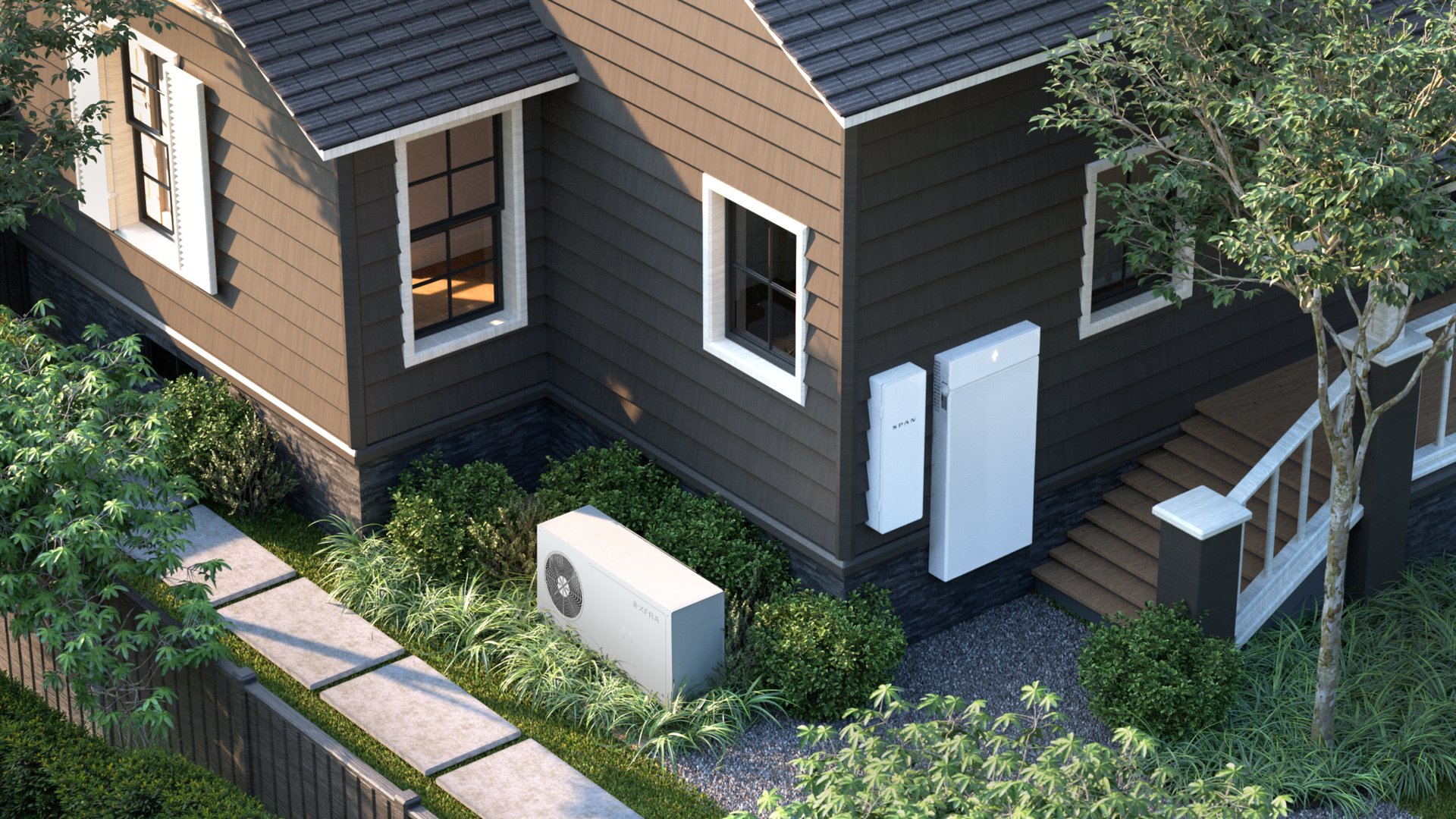 Modern brown house with white framed windows exterior HVAC unit mounted on the wall wooden stairs and lush greenery nearby