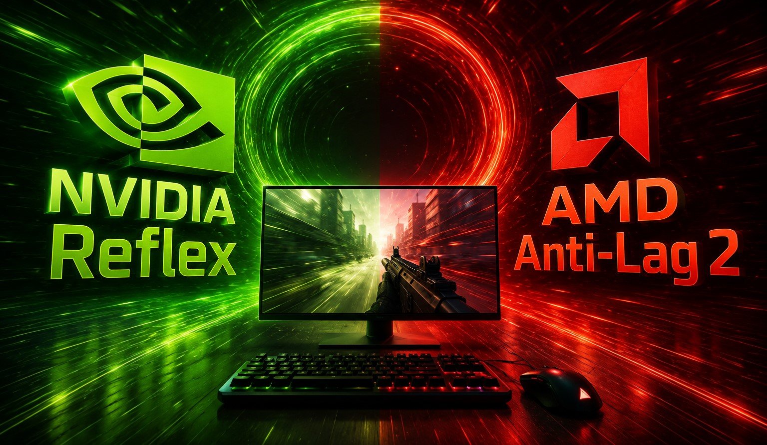 Promo image showing NVIDIA Reflex vs AMD Anti Lag 2 with a gaming setup green Nvidia logo on left red AMD logo on right monitor and keyboard centered