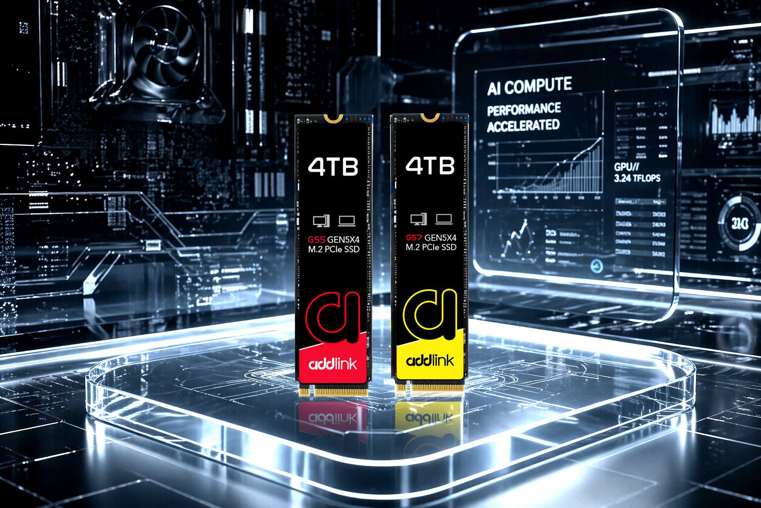 Two 4TB addlink PCIe M2 SSDs standing upright in a high tech data center setting labeled G55 and G57 Gen5x4